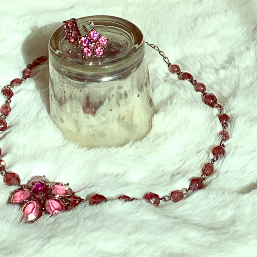 1928 pink rhinestone necklace and earrings